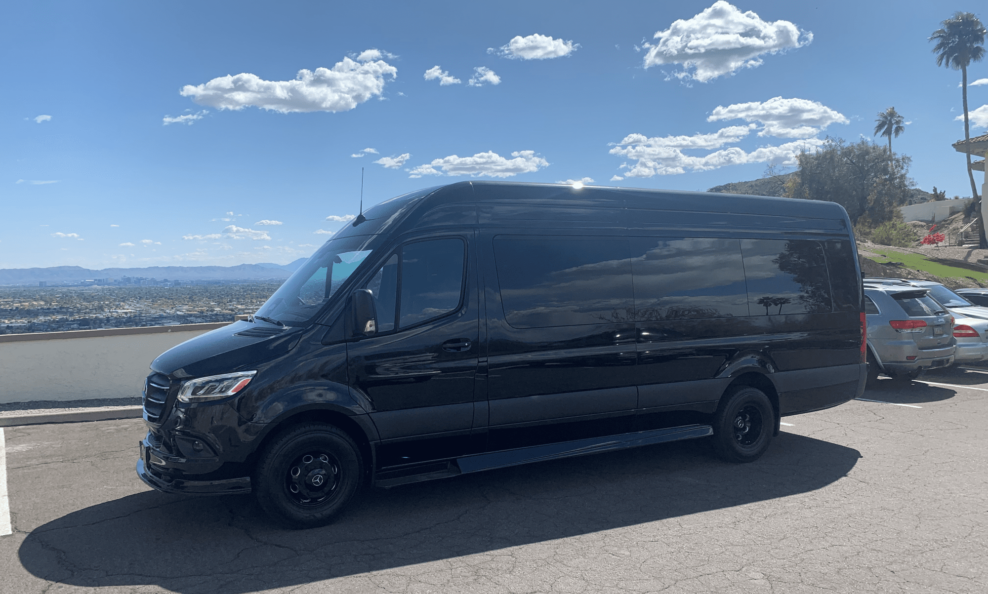 A black van is parked on the side of the road.