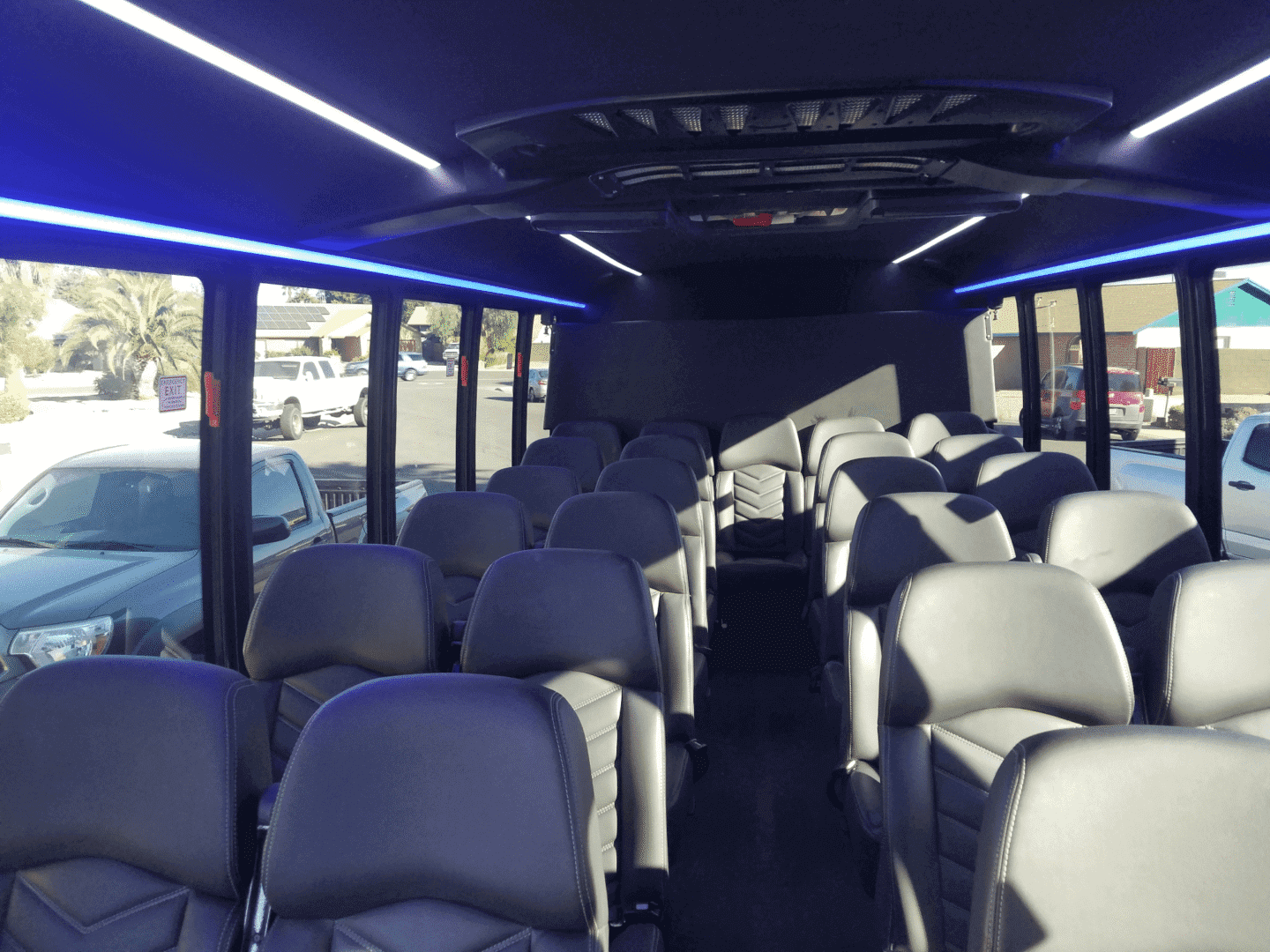 A bus with many seats in it